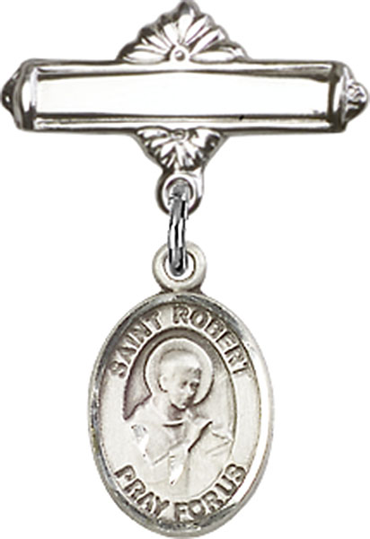 Personalized Baby Badge - Engraved Badge Pin with St. Robert Bellarmine Charm
