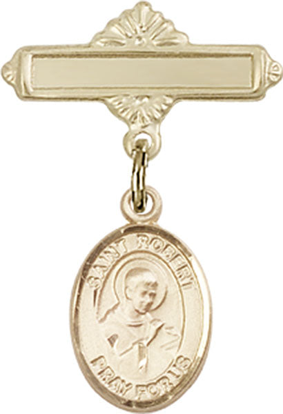 Personalized Baby Badge - Engraved Badge Pin with St. Robert Bellarmine Charm