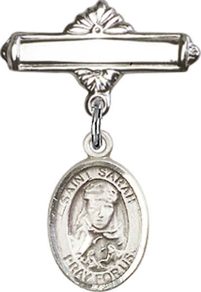 Personalized Baby Badge - Engraved Badge Pin with St. Sarah Charm