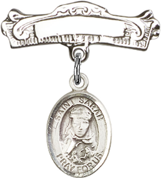 Personalized Baby Badge - Engraved Badge Pin with St. Sarah Charm