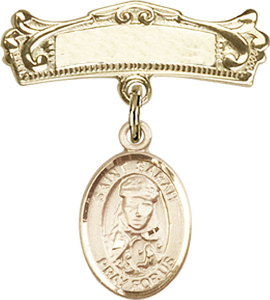 Personalized Baby Badge - Engraved Badge Pin with St. Sarah Charm