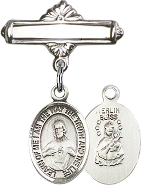 Personalized Baby Badge - Engraved Badge Pin with Scapular Charm