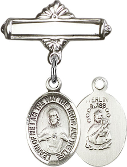 Personalized Baby Badge - Engraved Badge Pin with Scapular Charm