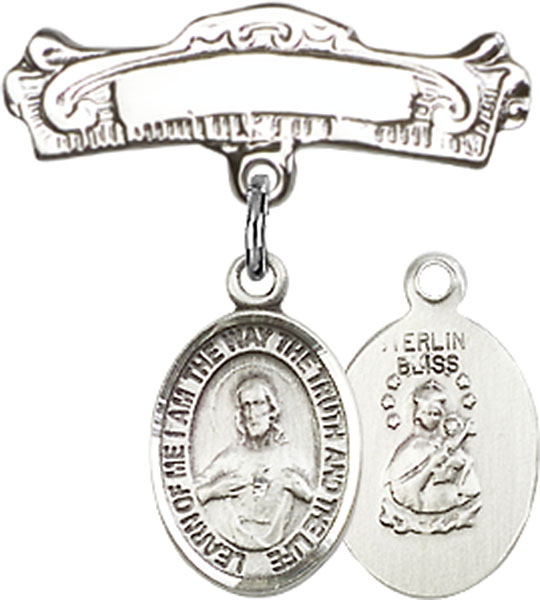 Personalized Baby Badge - Engraved Badge Pin with Scapular Charm