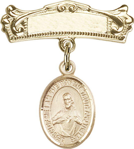 Personalized Baby Badge - Engraved Badge Pin with Scapular Charm