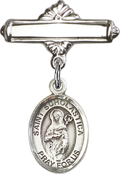 Personalized Baby Badge - Engraved Badge Pin with St. Scholastica Charm