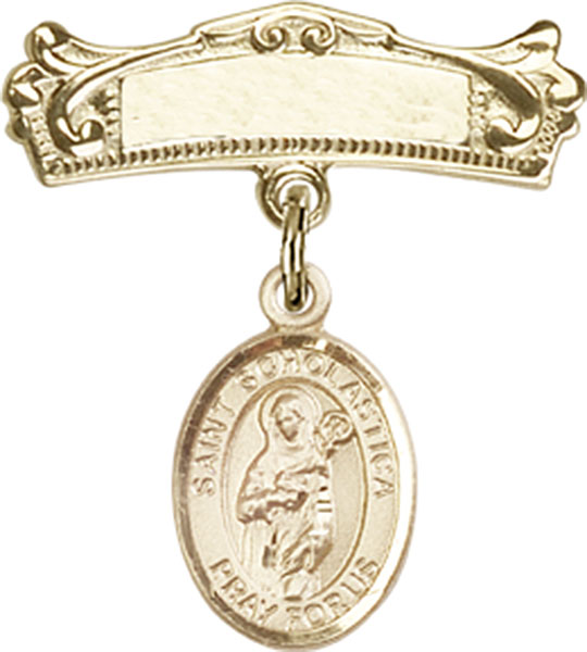 Personalized Baby Badge - Engraved Badge Pin with St. Scholastica Charm