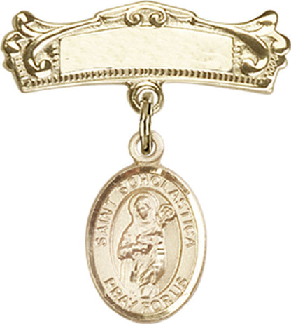 Personalized Baby Badge - Engraved Badge Pin with St. Scholastica Charm