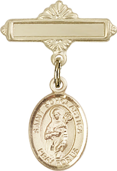 Personalized Baby Badge - Engraved Badge Pin with St. Scholastica Charm