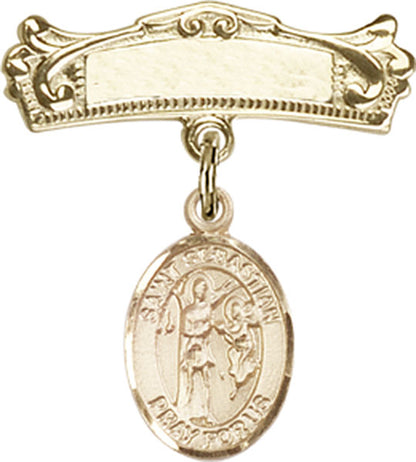 Personalized Baby Badge - Engraved Badge Pin with St. Sebastian Charm