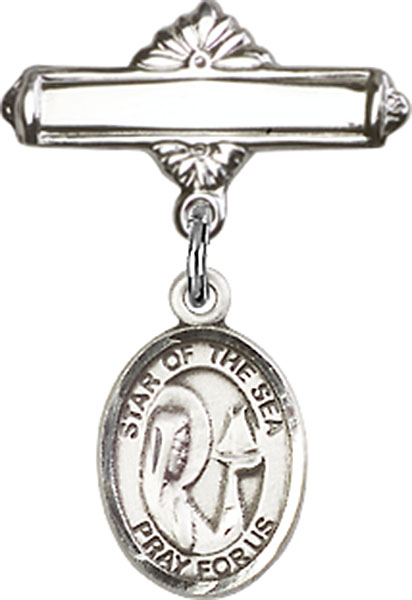 Personalized Baby Badge - Engraved Badge Pin with Our Lady of Star of the Sea Charm