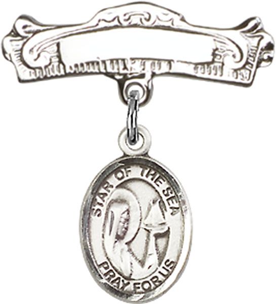 Personalized Baby Badge - Engraved Badge Pin with Our Lady of Star of the Sea Charm