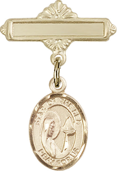 Personalized Baby Badge - Engraved Badge Pin with Our Lady of Star of the Sea Charm