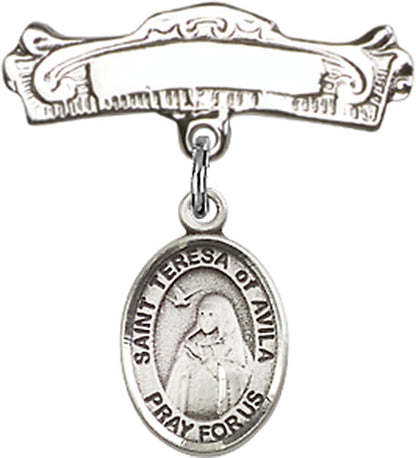 Personalized Baby Badge - Engraved Badge Pin with St. Teresa of Avila Charm