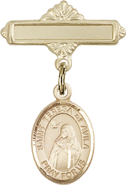 Personalized Baby Badge - Engraved Badge Pin with St. Teresa of Avila Charm