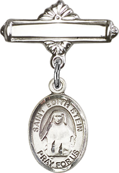 Personalized Baby Badge - Engraved Badge Pin with St. Edith Stein Charm