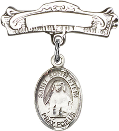 Personalized Baby Badge - Engraved Badge Pin with St. Edith Stein Charm