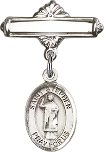 Personalized Baby Badge - Engraved Badge Pin with St. Stephen the Martyr Charm