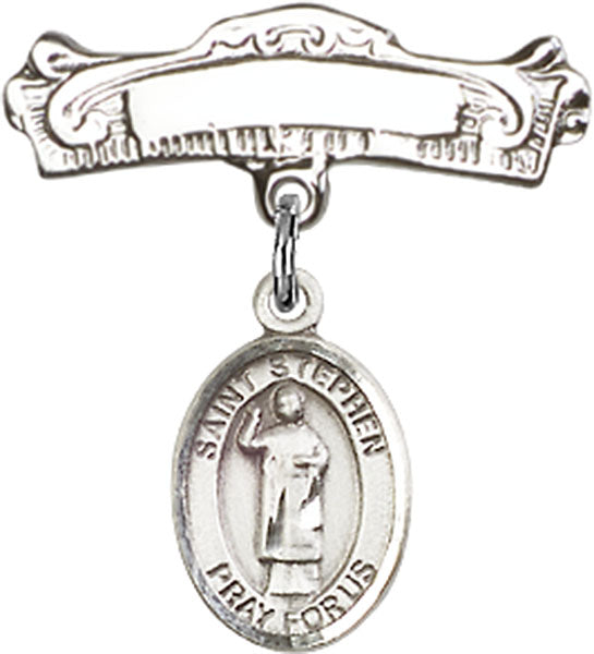 Personalized Baby Badge - Engraved Badge Pin with St. Stephen the Martyr Charm