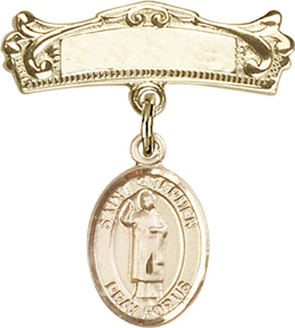 Personalized Baby Badge - Engraved Badge Pin with St. Stephen the Martyr Charm
