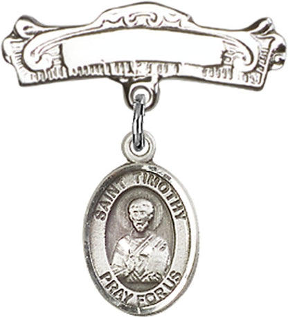 Personalized Baby Badge - Engraved Badge Pin with St. Timothy Charm