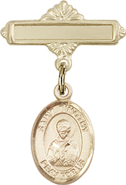 Personalized Baby Badge - Engraved Badge Pin with St. Timothy Charm