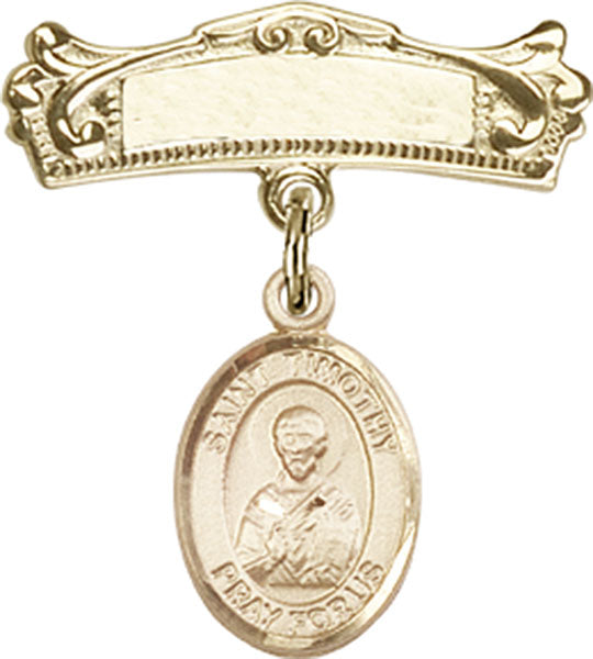 Personalized Baby Badge - Engraved Badge Pin with St. Timothy Charm