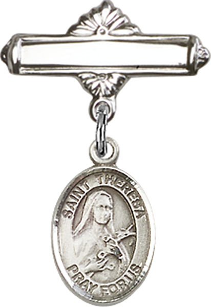 Personalized Baby Badge - Engraved Badge Pin with St. Theresa Charm