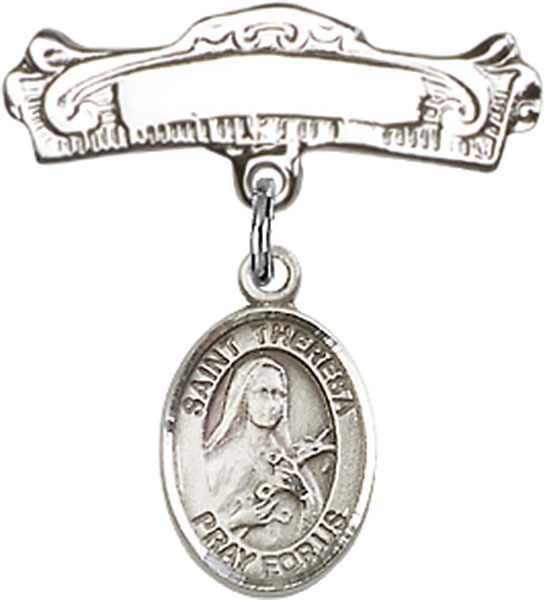 Personalized Baby Badge - Engraved Badge Pin with St. Theresa Charm