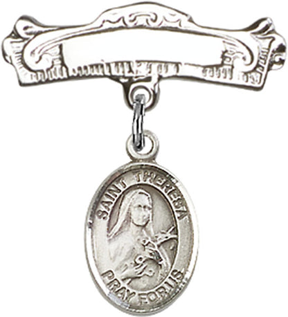Personalized Baby Badge - Engraved Badge Pin with St. Theresa Charm