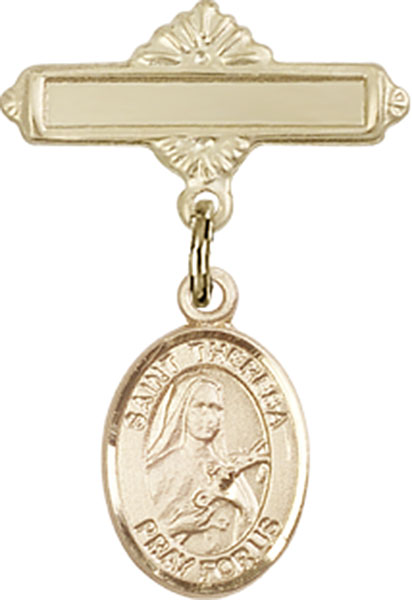 Personalized Baby Badge - Engraved Badge Pin with St. Theresa Charm