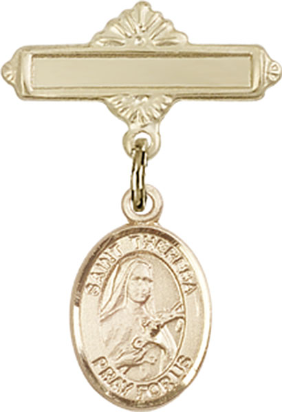 Personalized Baby Badge - Engraved Badge Pin with St. Theresa Charm