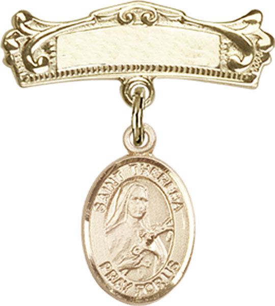 Personalized Baby Badge - Engraved Badge Pin with St. Theresa Charm