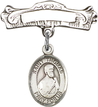 Personalized Baby Badge - Engraved Badge Pin with St. Thomas the Apostle Charm