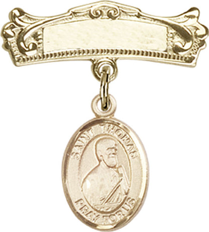 Personalized Baby Badge - Engraved Badge Pin with St. Thomas the Apostle Charm
