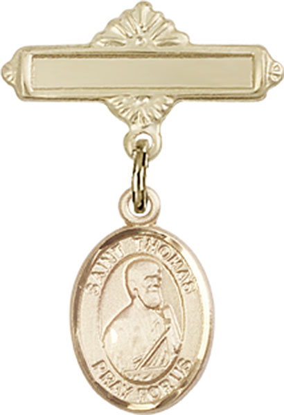Personalized Baby Badge - Engraved Badge Pin with St. Thomas the Apostle Charm