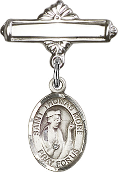 Personalized Baby Badge - Engraved Badge Pin with St. Thomas More Charm