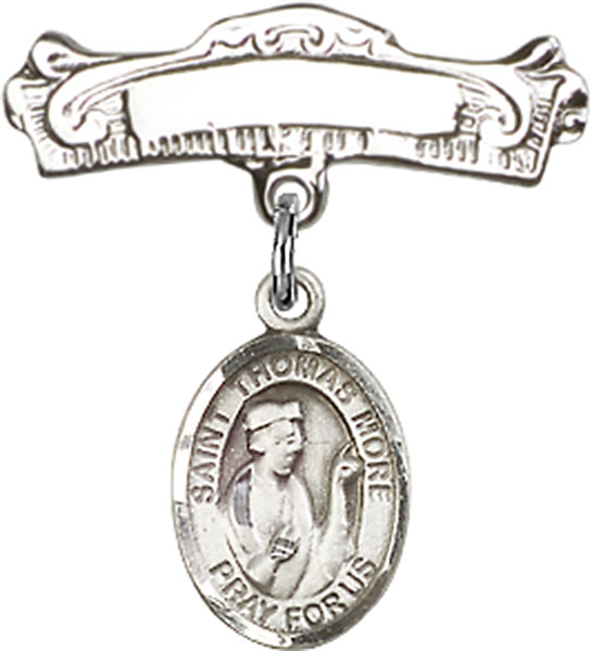 Personalized Baby Badge - Engraved Badge Pin with St. Thomas More Charm