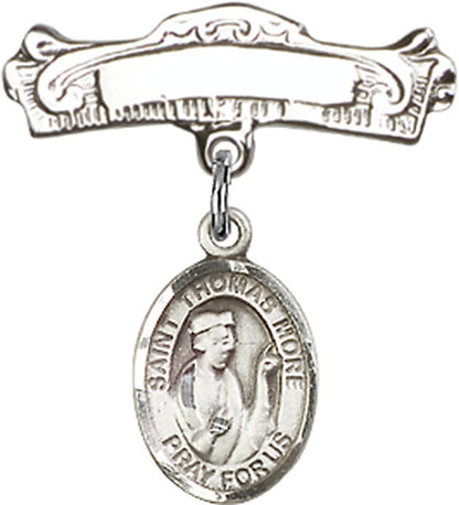 Personalized Baby Badge - Engraved Badge Pin with St. Thomas More Charm