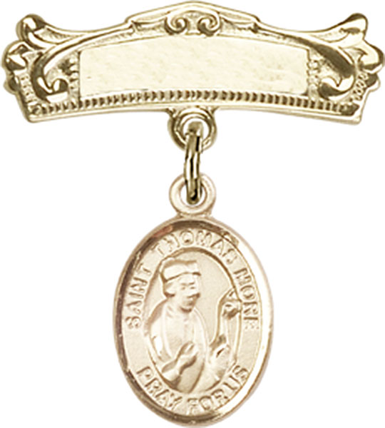 Personalized Baby Badge - Engraved Badge Pin with St. Thomas More Charm