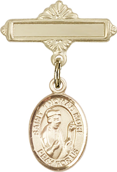 Personalized Baby Badge - Engraved Badge Pin with St. Thomas More Charm