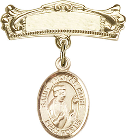 Personalized Baby Badge - Engraved Badge Pin with St. Thomas More Charm