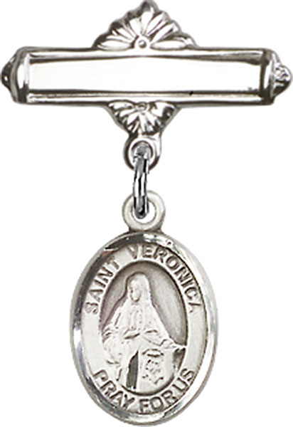 Personalized Baby Badge - Engraved Badge Pin with St. Veronica Charm