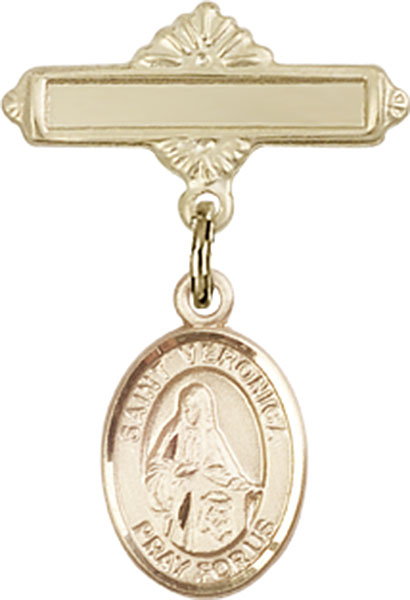 Personalized Baby Badge - Engraved Badge Pin with St. Veronica Charm