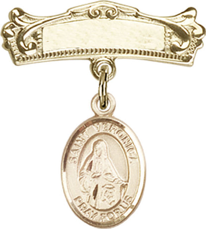 Personalized Baby Badge - Engraved Badge Pin with St. Veronica Charm