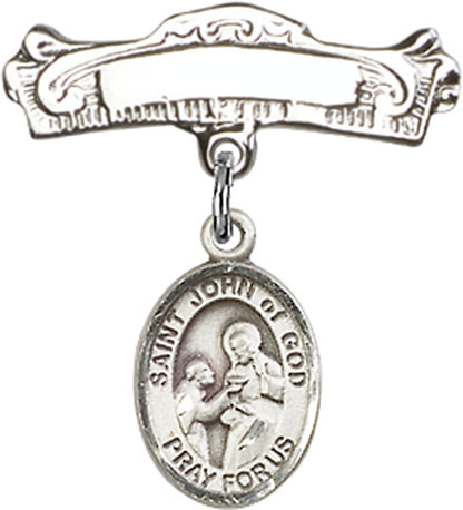 Personalized Baby Badge - Engraved Badge Pin with St. John of God Charm