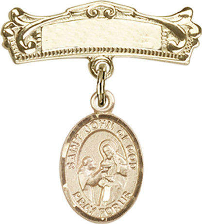 Personalized Baby Badge - Engraved Badge Pin with St. John of God Charm