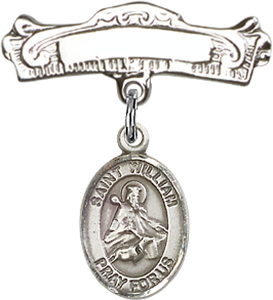 Personalized Baby Badge - Engraved Badge Pin with St. William of Rochester Charm