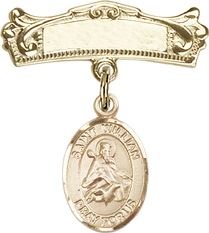 Personalized Baby Badge - Engraved Badge Pin with St. William of Rochester Charm