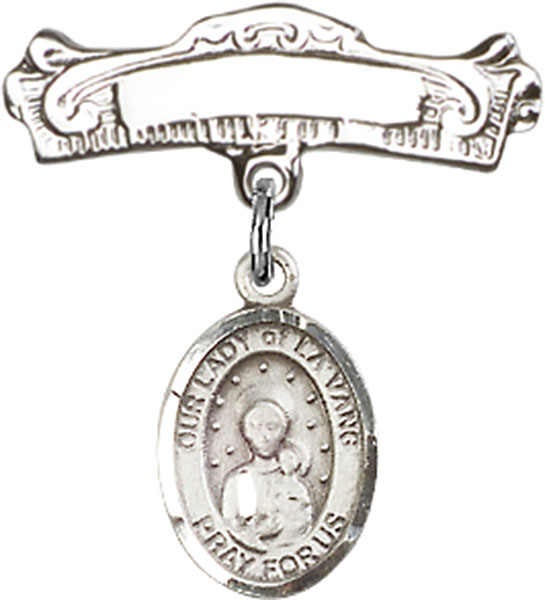 Personalized Baby Badge - Engraved Badge Pin with Our Lady of la Vang Charm